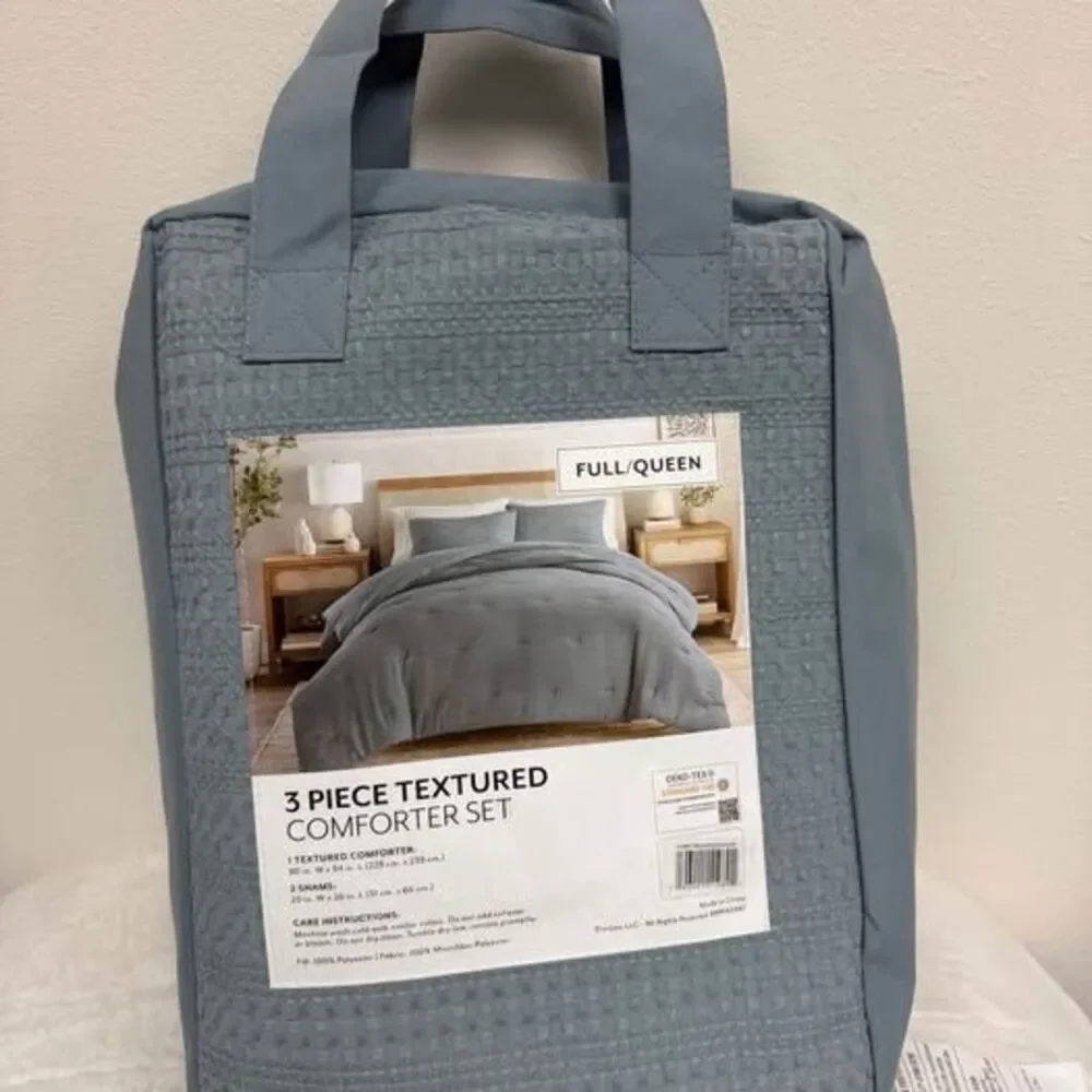 3Pcs Full/Queen Comforter Set Waffle Textured Light Blue NEW